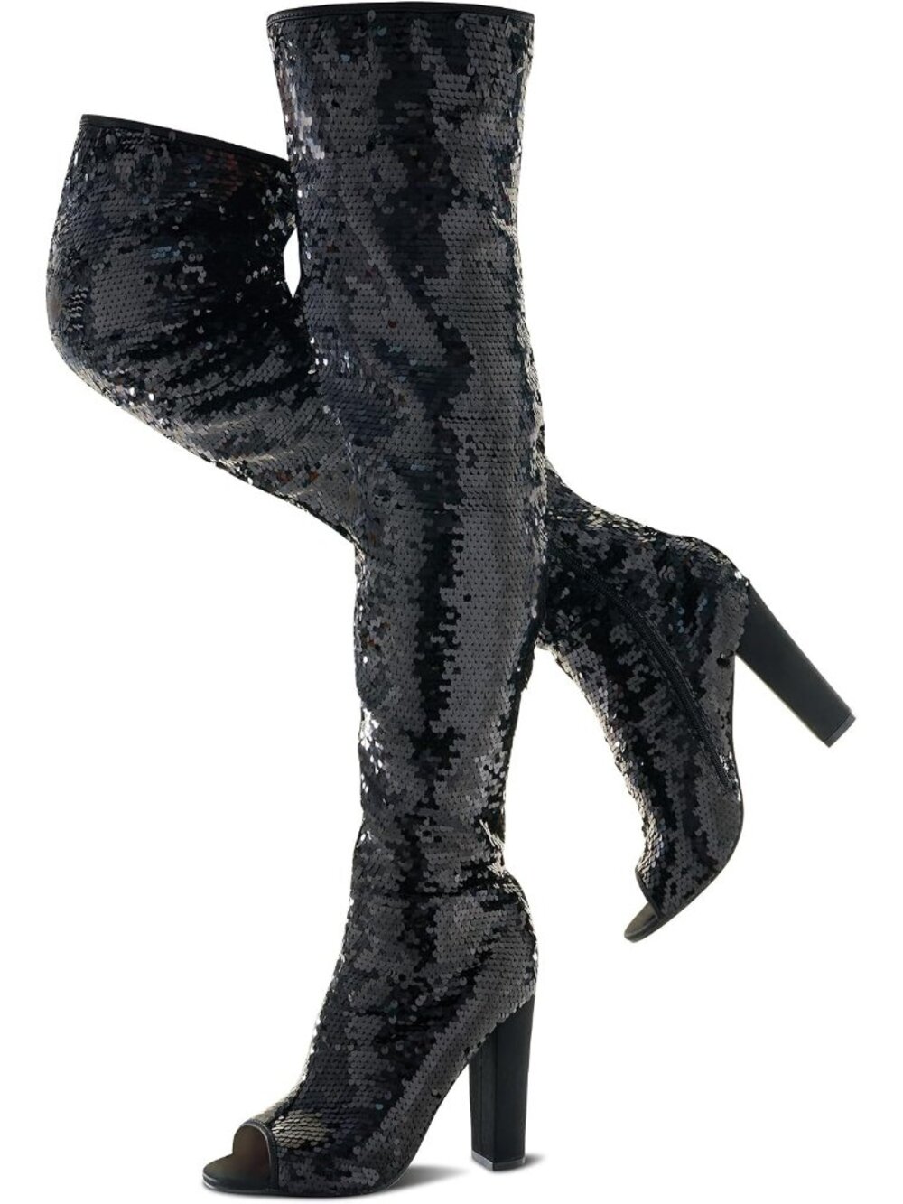 Women's Black Chunky High Heels Open Toe Sequin Over The Knee Thigh High Boots